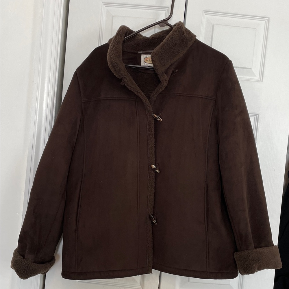 VTG XL Talbots faux suede/sherpa coat Toggle Button down Chocolate brown winter - Picture 2 of 14